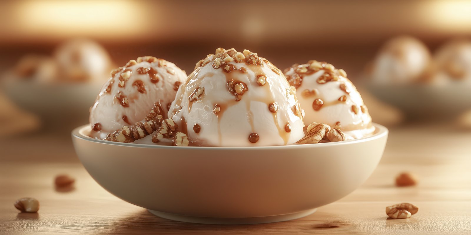Indulgent dessert featuring creamy ice cream topped with nuts and caramel served in a bowl